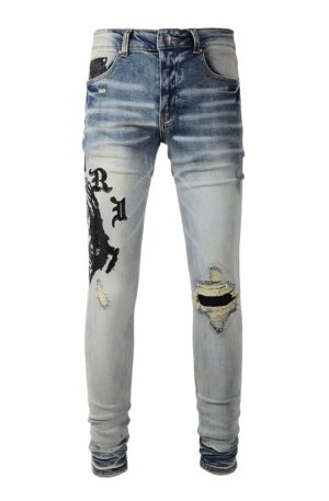 Calça Amiri Jeans Skinny com Caveira Estapada "Azul""