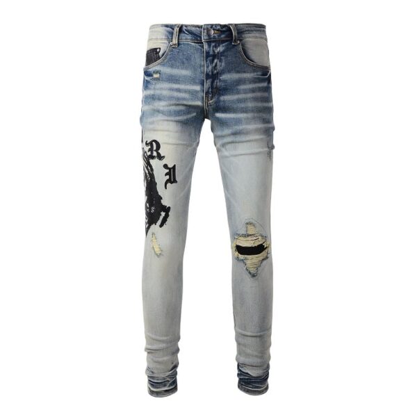 Calça Amiri Jeans Skinny com Caveira Estapada "Azul""