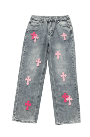 Calça Jeans Chrome Hearts Pink Cross